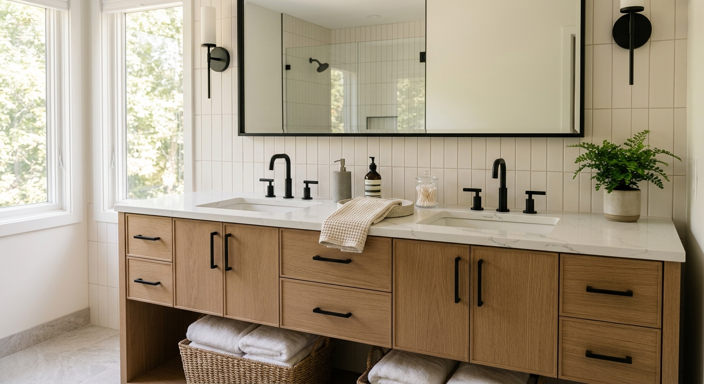 Double vanity with quartz countertop and modern fixtures